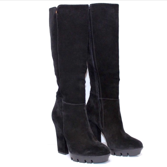 Alberto Fermani Black Suede Leather Knee-High Platform Heeled Boots Size 10 - Picture 3 of 15